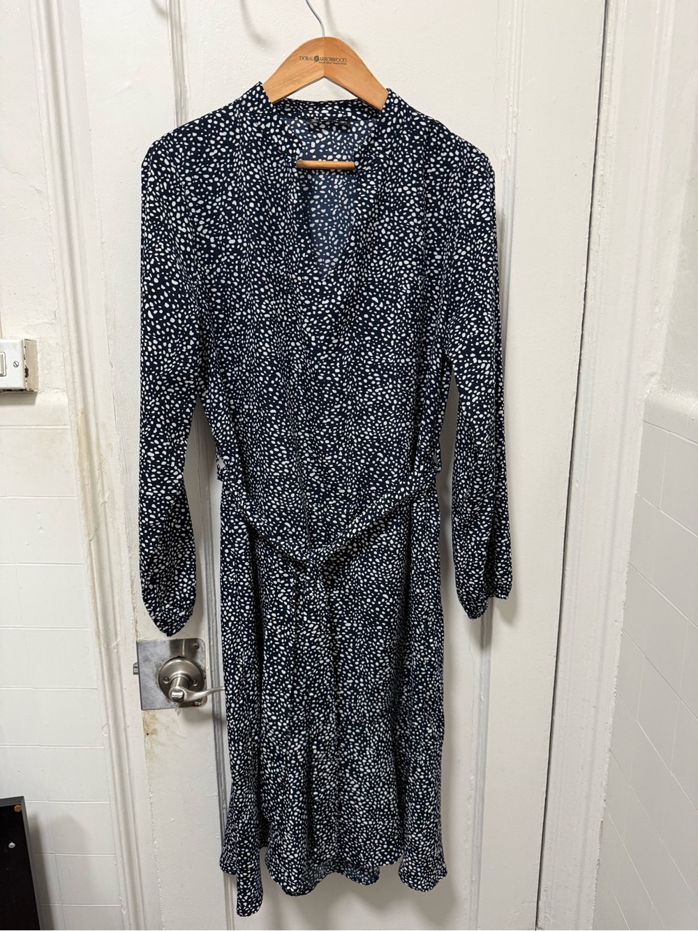 Women's Navy Blue & White dotted long sleeve midi dress